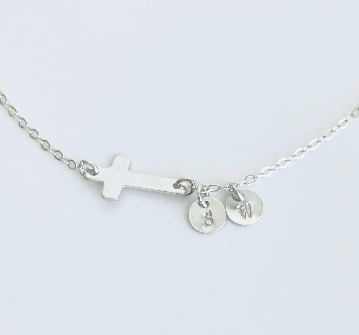 Sterling Silver Cross Bracelet with Two Tiny Initial Charms • Personalized 925 Silver Faith Bracelet