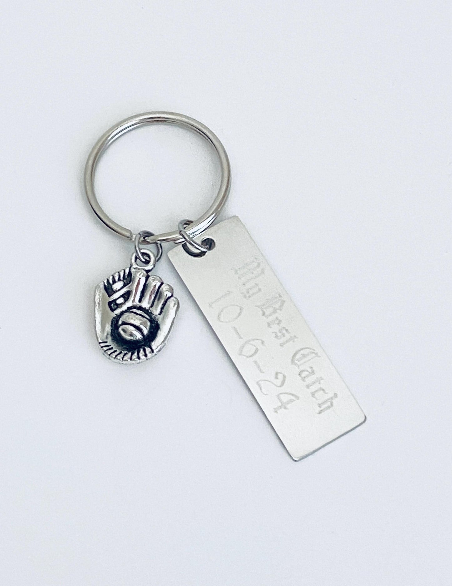 Personalized Key Chain with Baseball Mitten Charm • Custom Engraved Stainless Steel Keychain