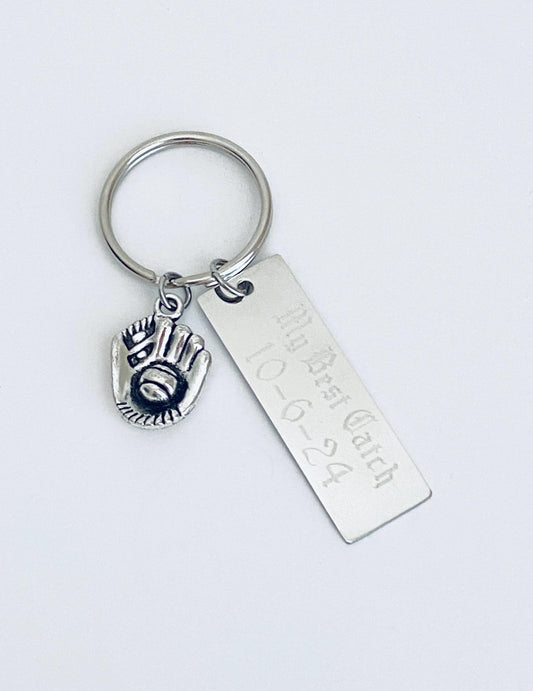 Personalized Key Chain with Baseball Mitten Charm • Custom Engraved Stainless Steel Keychain