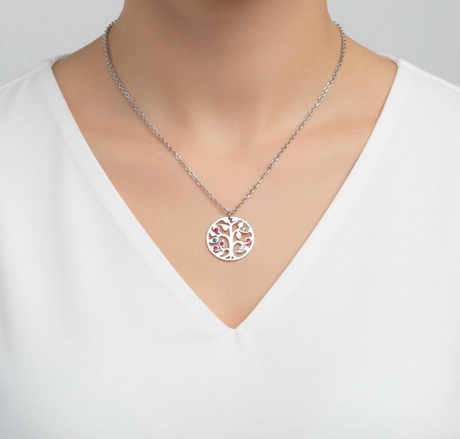 Stainless Steel Birthstone Family Tree Pendant Necklace • Personalized Family Jewelry