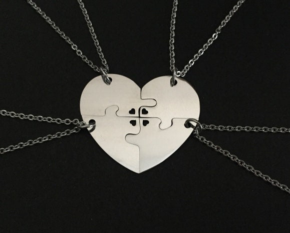 Personalized Stainless Steel 4-Piece Puzzle Necklace Set with Tiny Heart Cutout • Custom Engraved Matching Necklaces