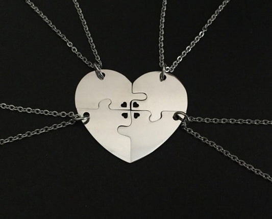 Personalized Stainless Steel 4-Piece Puzzle Necklace Set with Tiny Heart Cutout • Custom Engraved Matching Necklaces