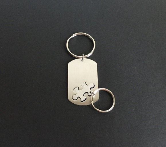 Personalized Stainless Steel Puzzle Key Chain Set • Interlocking Puzzle Piece Dog Tag Key Chains