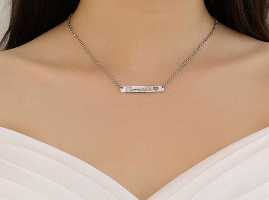 Stainless Steel Skinny Long Bar Necklace with Heart Cutout • Minimalist Name Bar Pendant