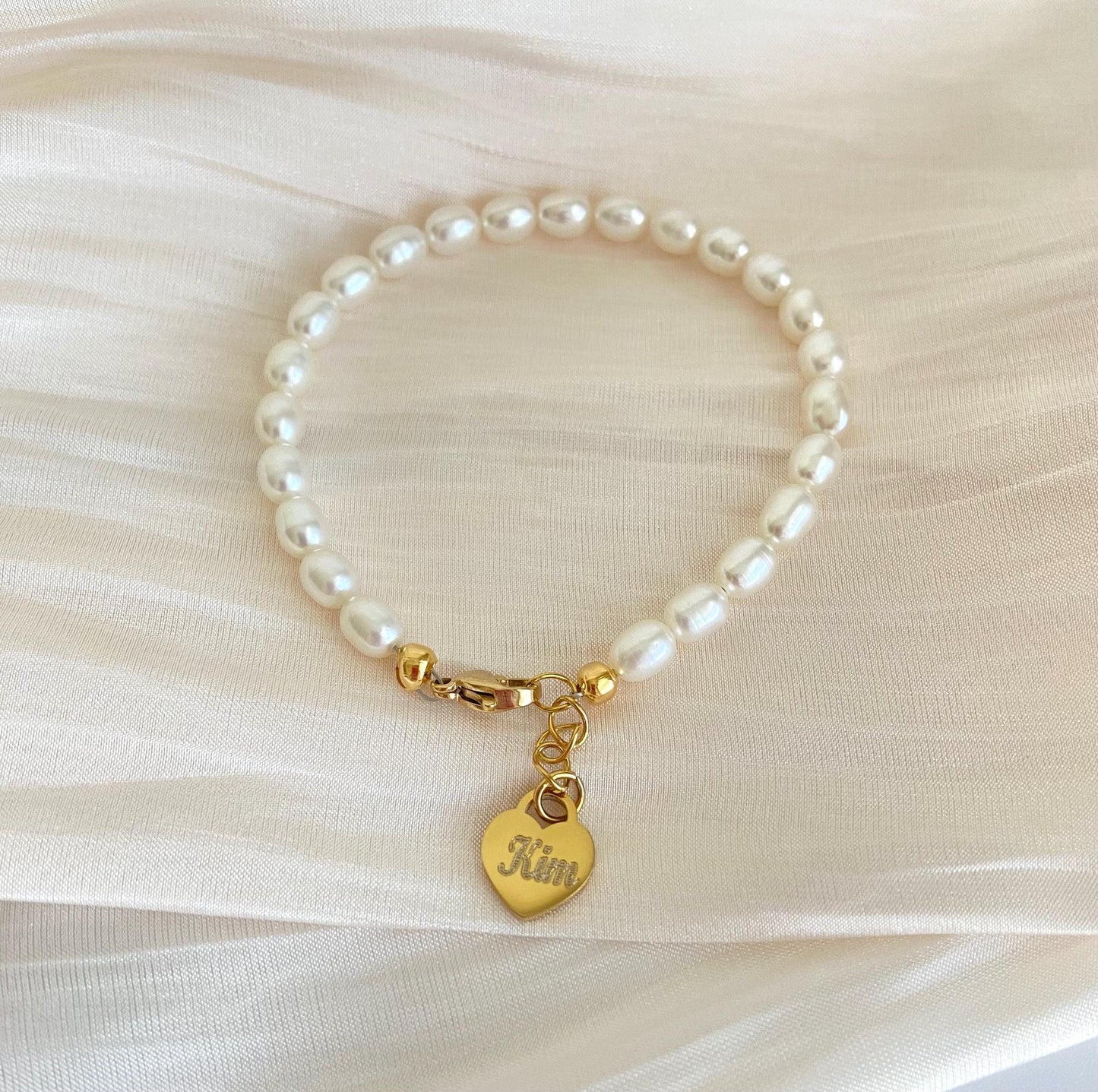 White Freshwater Pearl Bracelet with Personalized Stainless Steel Heart Charm • Custom Pearl Jewelry Gift