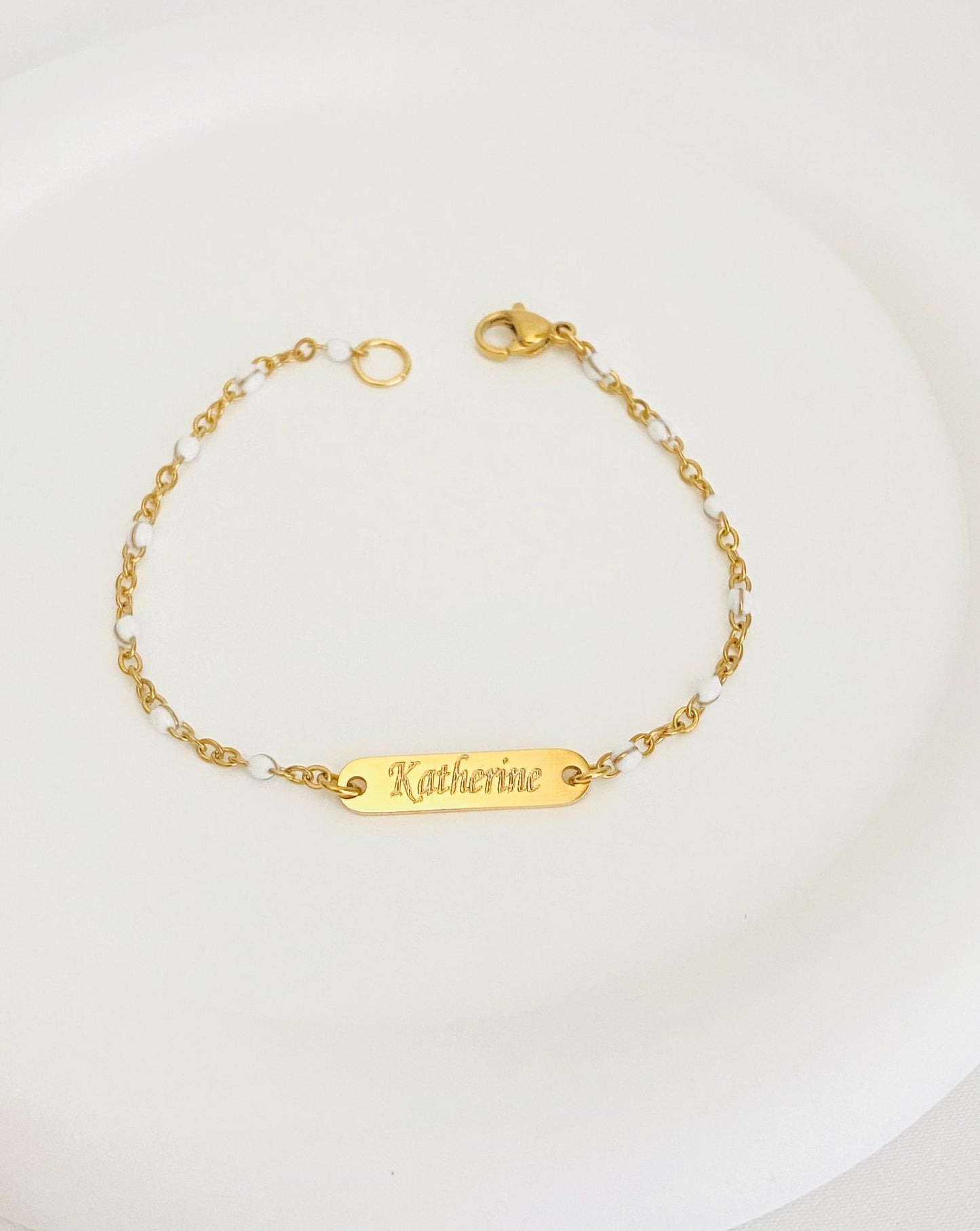 Personalized Stainless Steel Mini Bar Bracelet with White Enamel Beaded Chain • Custom Engraved Name Bracelet