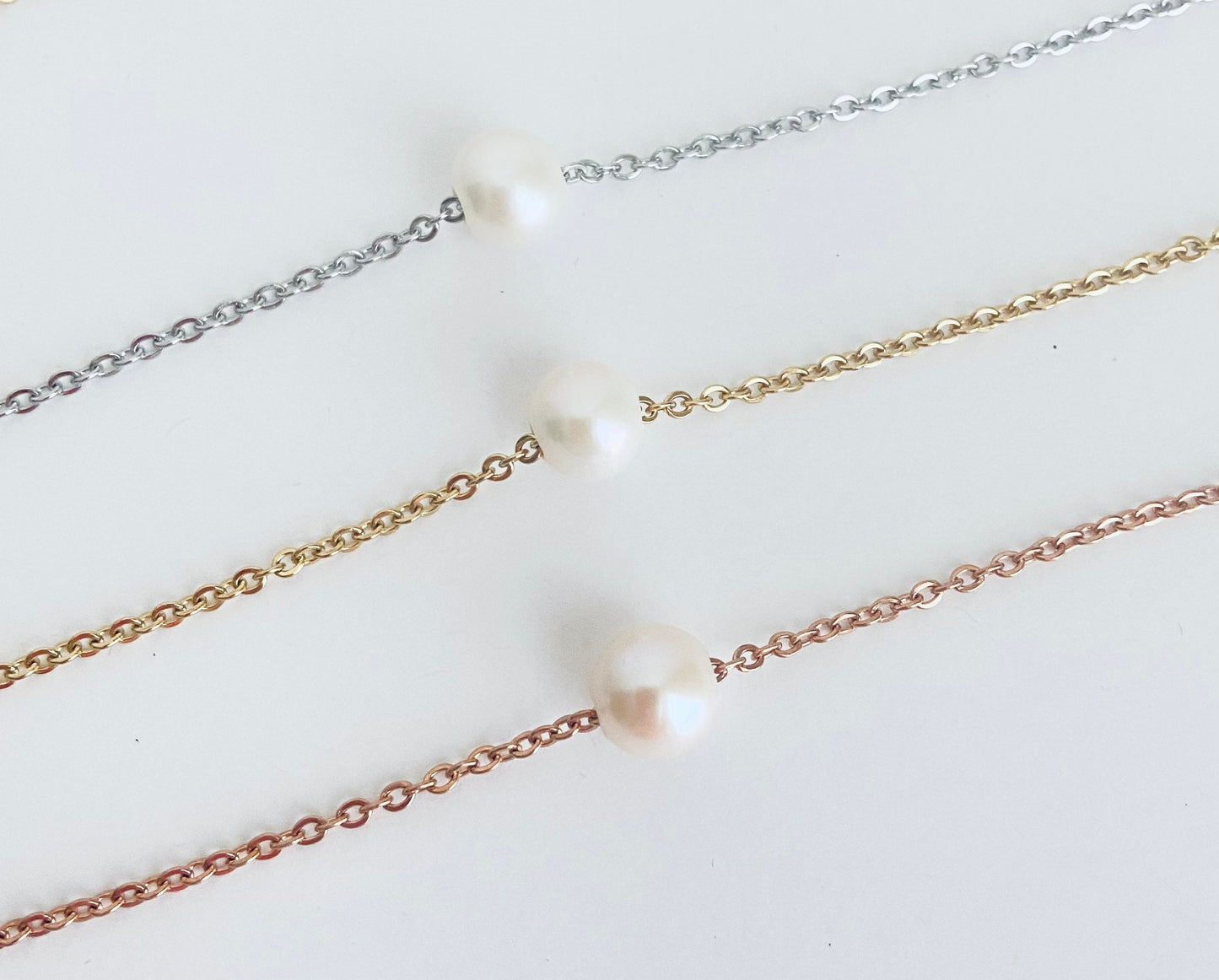 Stainless Steel Floating Pearl Necklace • Big Hole Pearl Necklace in Silver, Gold or Rose Gold