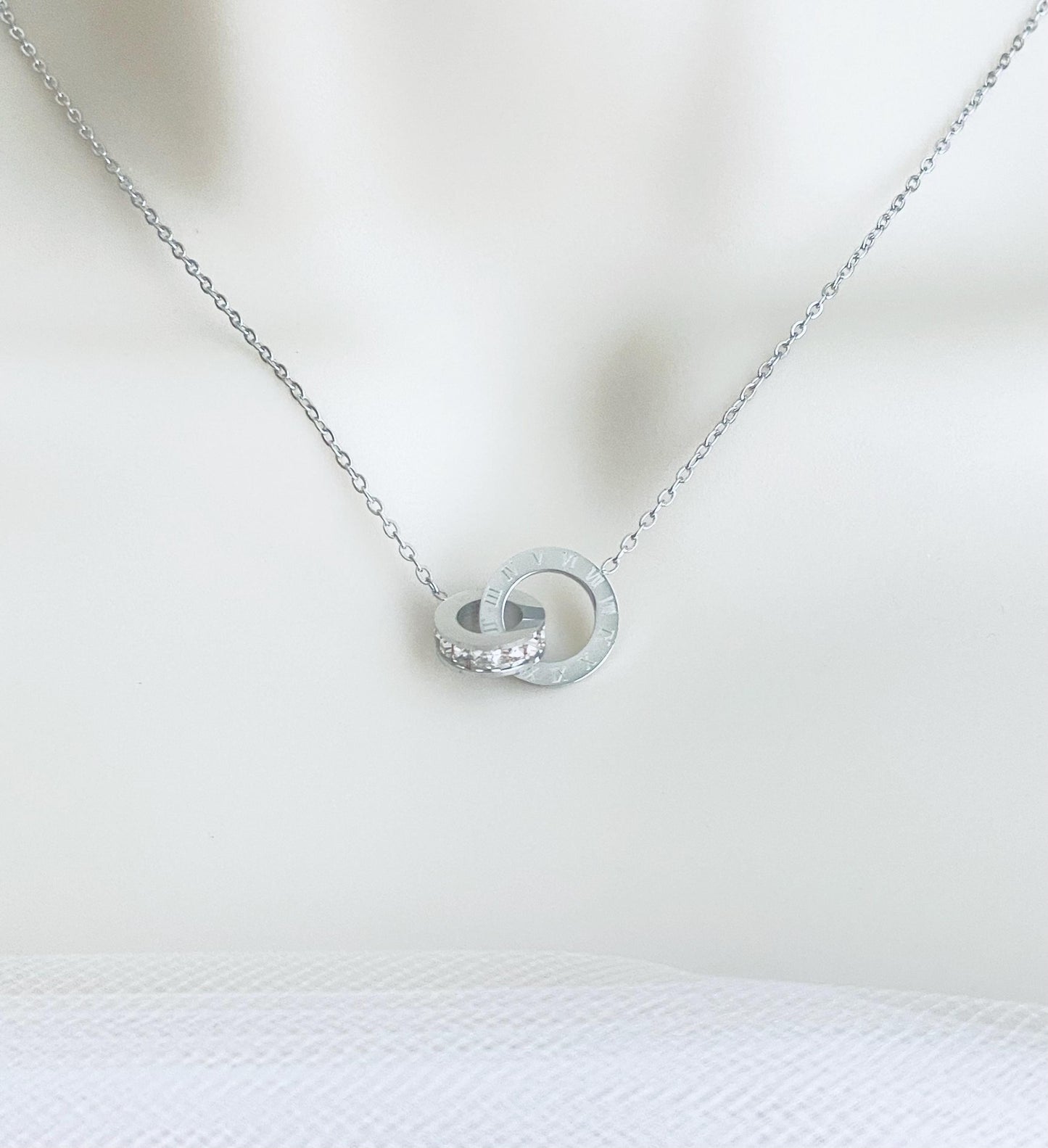 Interlocking Circle Necklace with CZ Accent • Stainless Steel or Gold Linked Circle Pendant, Minimalist Karma Necklace