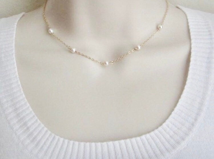 White Freshwater Pearl Necklace in Sterling Silver, Gold Filled or Rose Gold