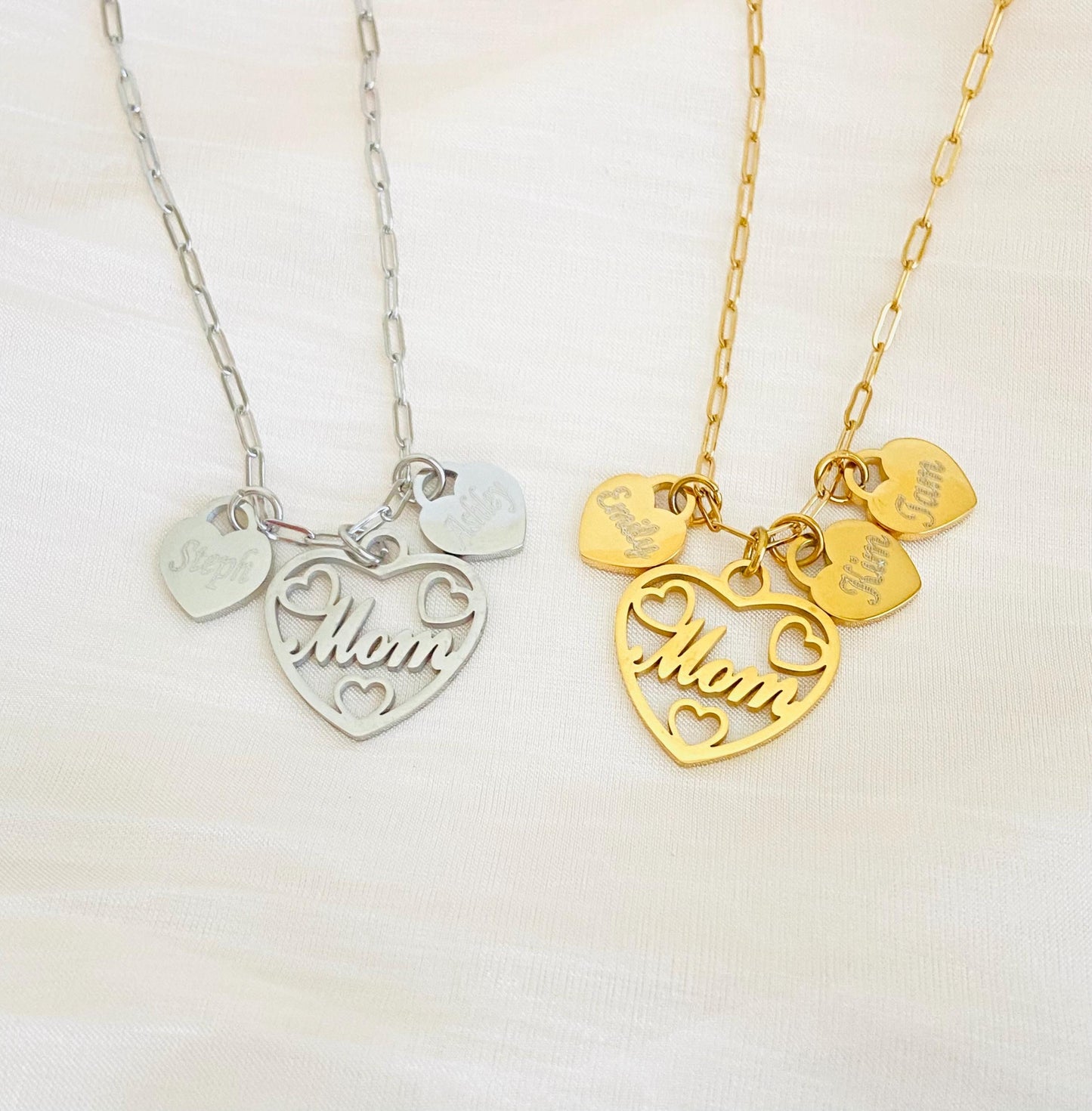 Mom Necklace with Personalized Heart Charms • Custom Family Necklace in Stainless Steel or Gold