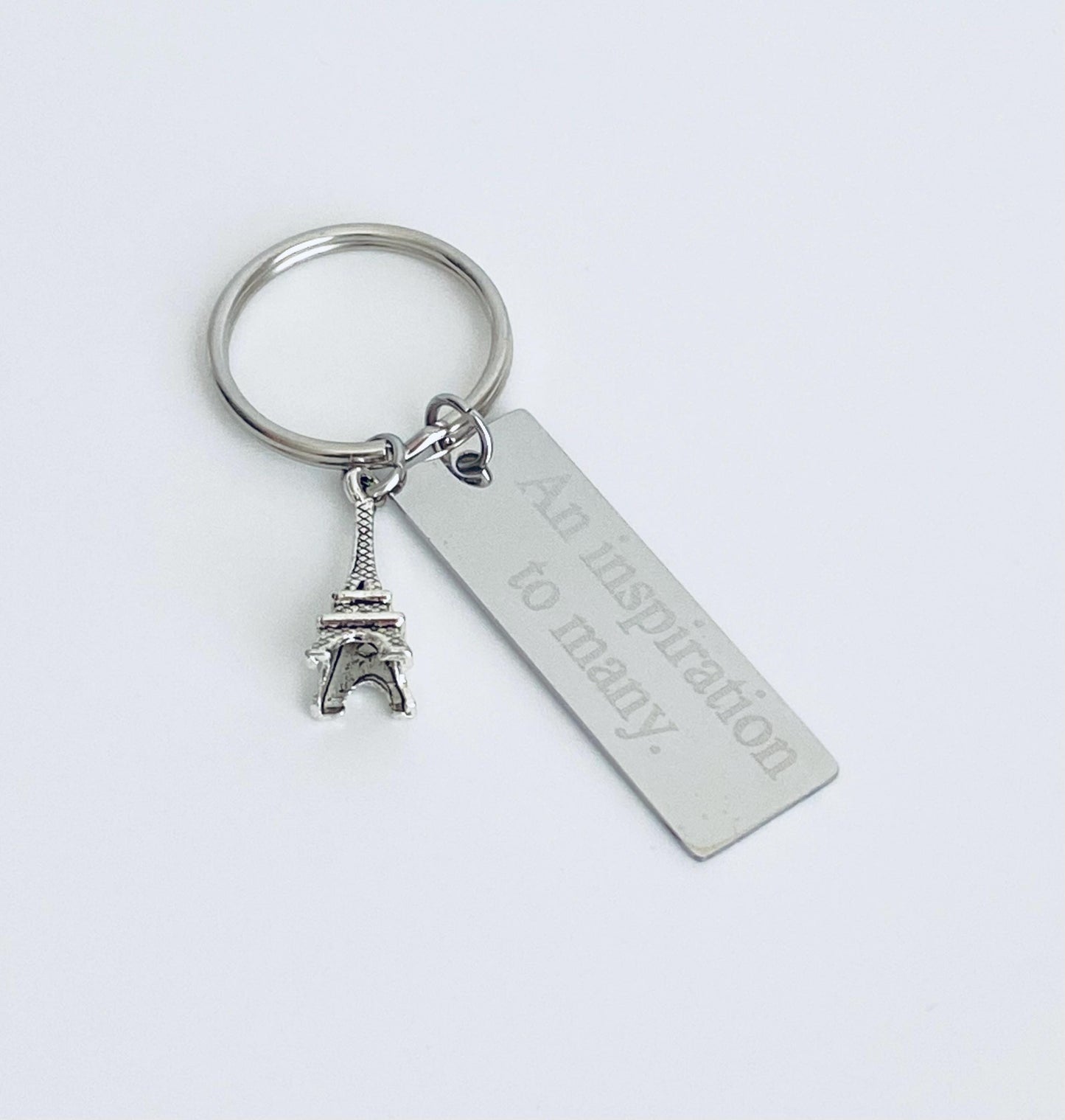 Personalized Eiffel Tower Key Chain with Stainless Steel Tag • Custom Engraved Paris Keychain Gift