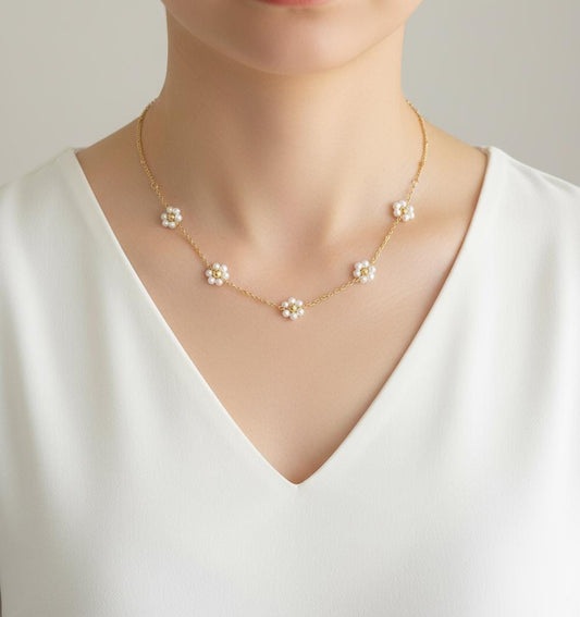 18K Gold Over Stainless Steel Glass Daisy Flower Necklace • Floral Pendant Necklace