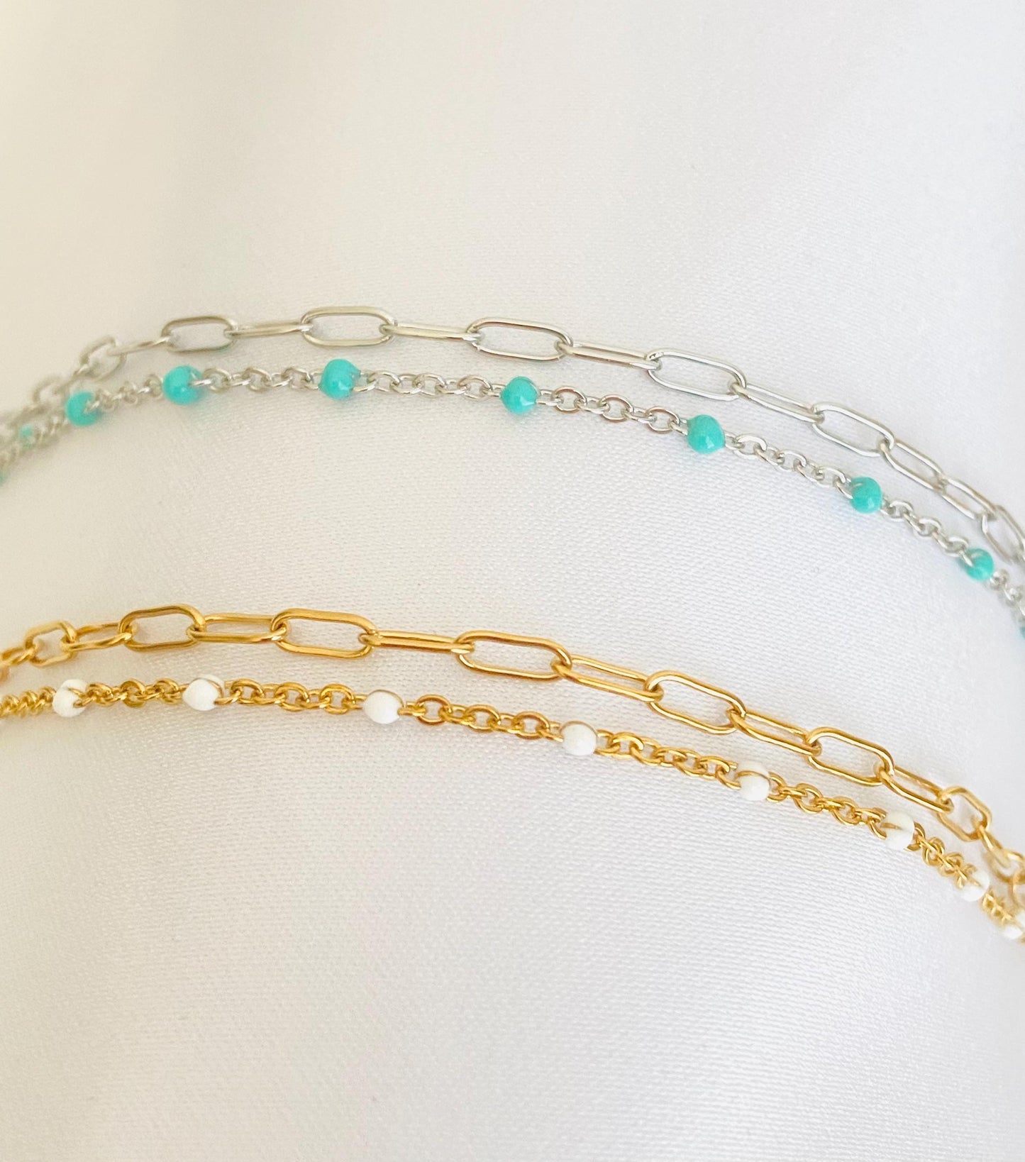 Double Strand Stainless Steel Paperclip & Enamel Chain Bracelet • Layered Mini Paperclip Bracelet for Women