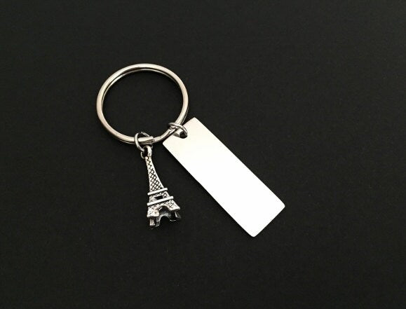 Personalized Eiffel Tower Key Chain with Stainless Steel Tag • Custom Engraved Paris Keychain Gift