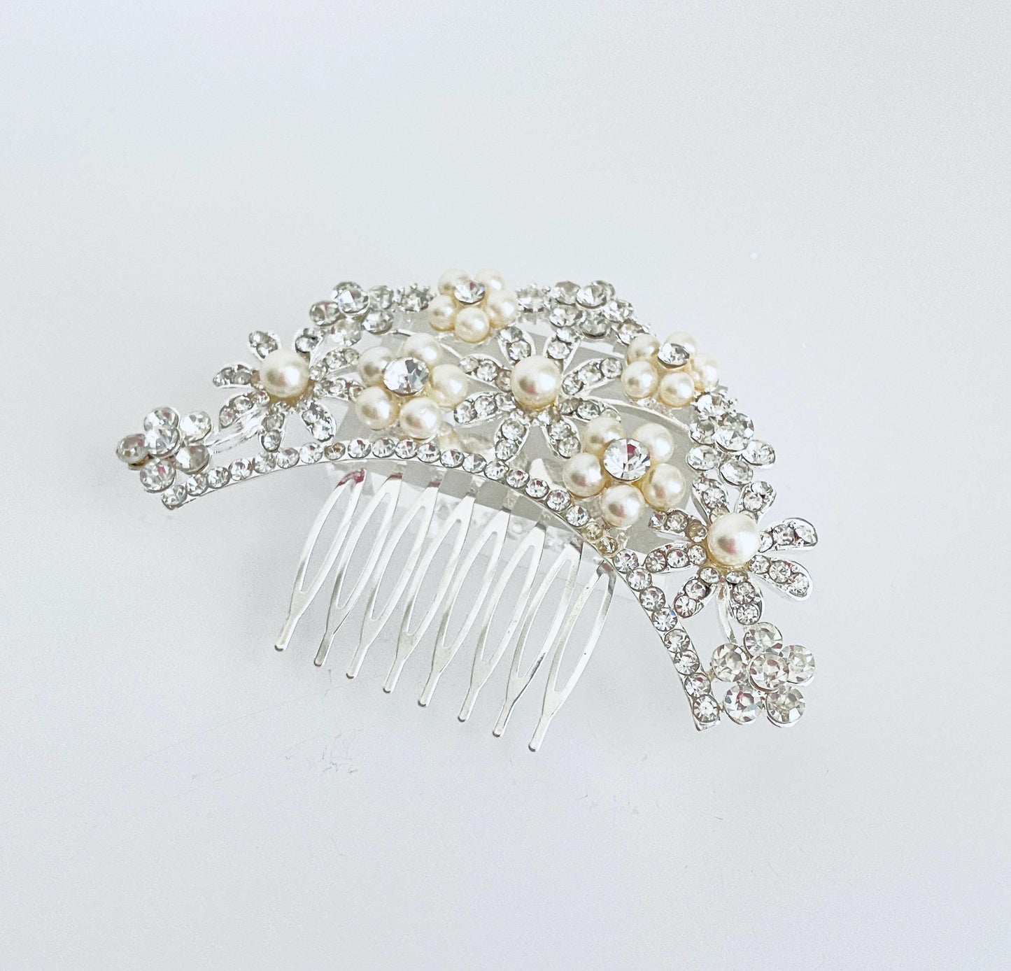 Rhinestone and White Glass Pearl Hair Comb • Elegant Wedding Hair Comb for Bridal Veil
