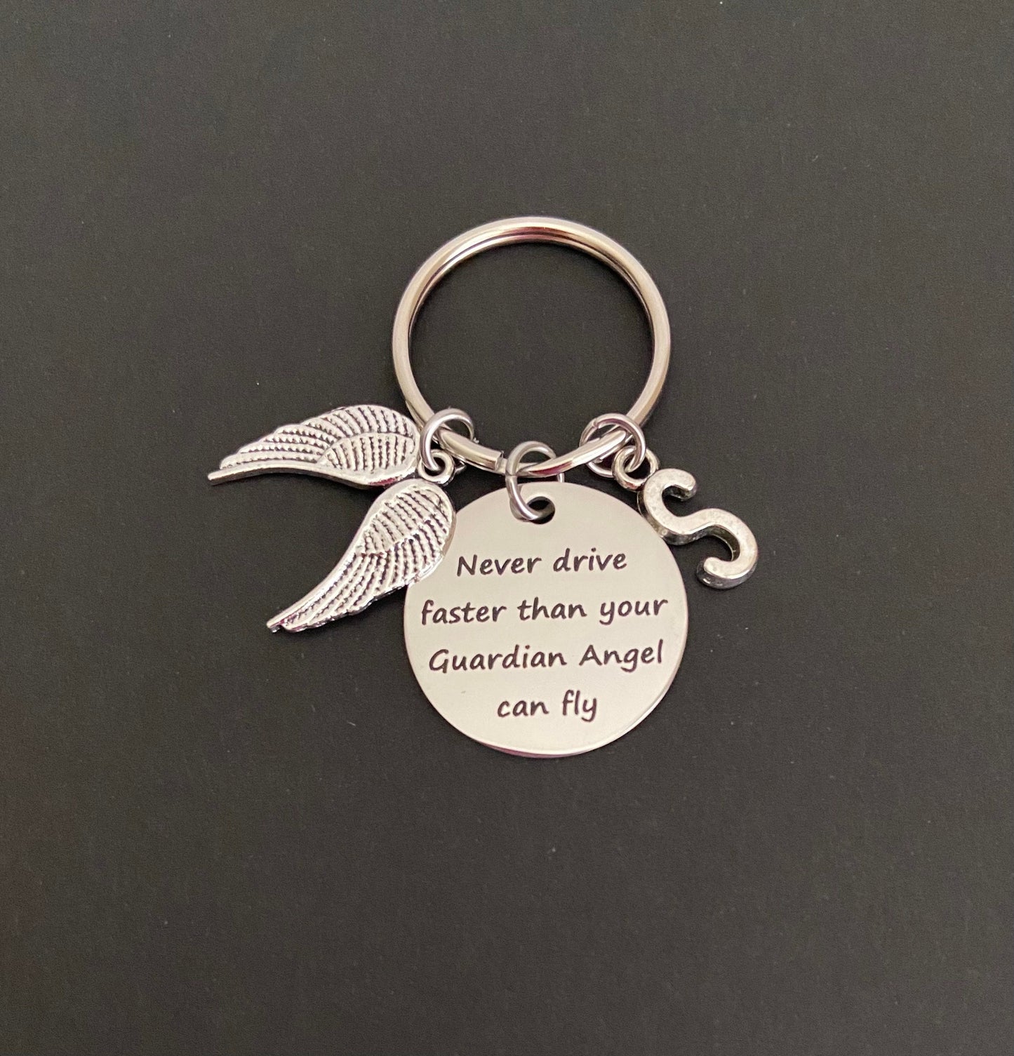 Personalized Drive Safe Keychain • Never Drive Faster Than Your Guardian Angel Can Fly Key Chain with Initial