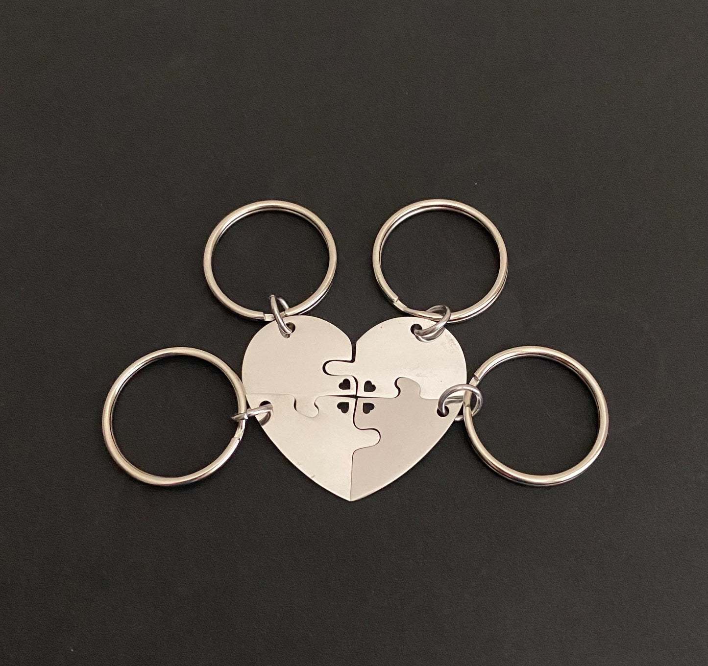 Personalized Stainless Steel 4-Piece Puzzle Key Chain Set with Tiny Heart Cutout • Custom Engraved Matching KeyChains