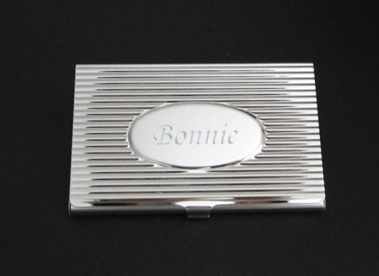 Personalized Metal Business Card Holder with Oval Center • Custom Engraved Card Case Professional Gift