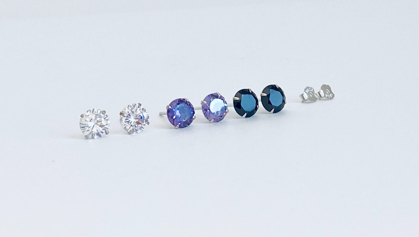 Sterling Silver Crystal Stud Earrings • 925 Silver Studs with Cubic Zirconia, Amethyst or Onyx
