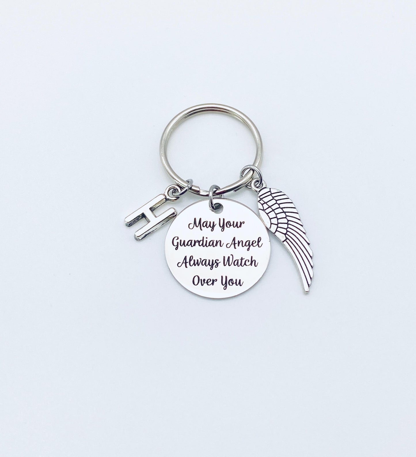 May Your Guardian Angel Always Watch Over You Key Chain with Initial and Angel Wing • Personalized Memorial Angel Keychain
