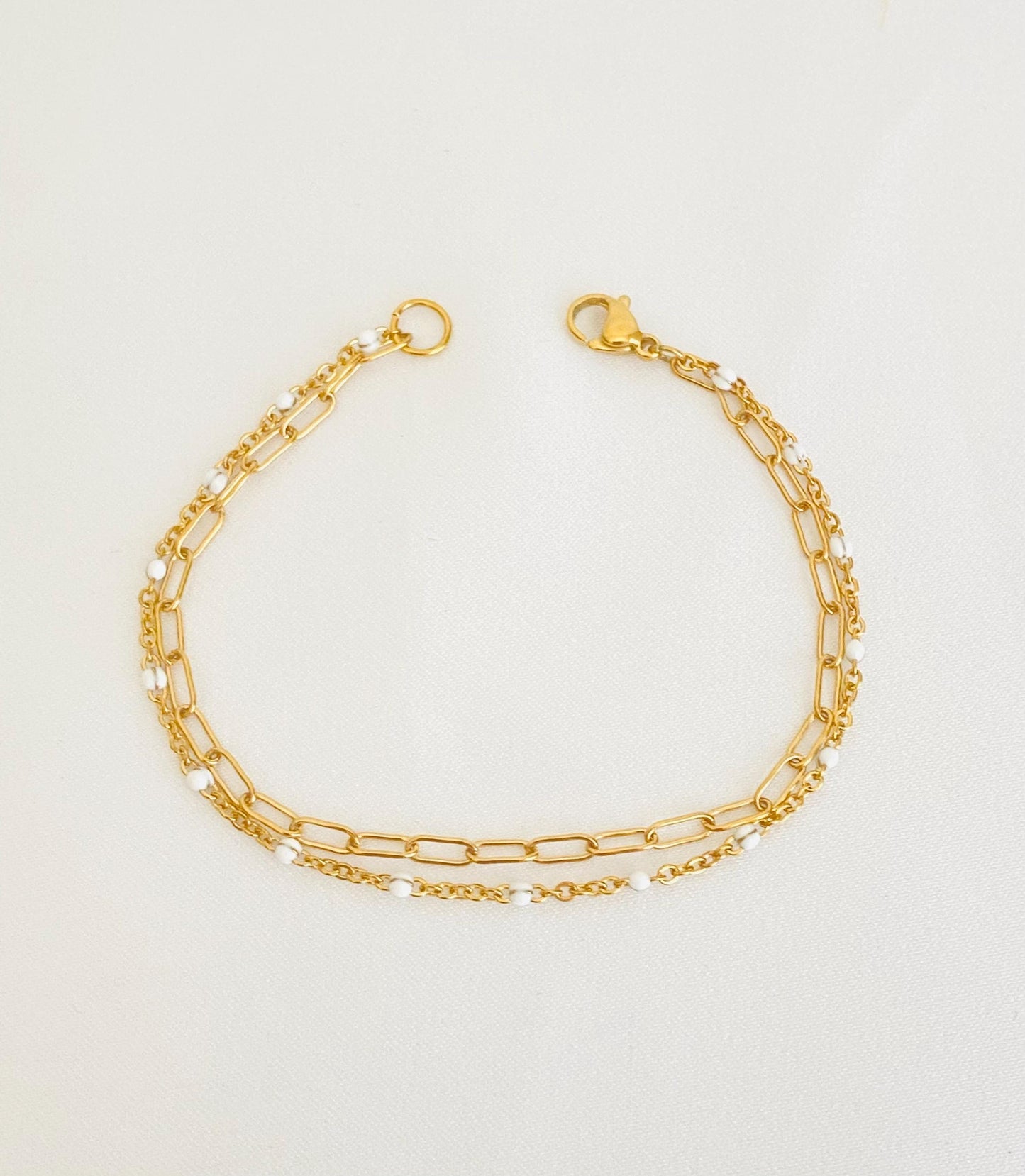 Double Strand Stainless Steel Paperclip & Enamel Chain Bracelet • Layered Mini Paperclip Bracelet for Women