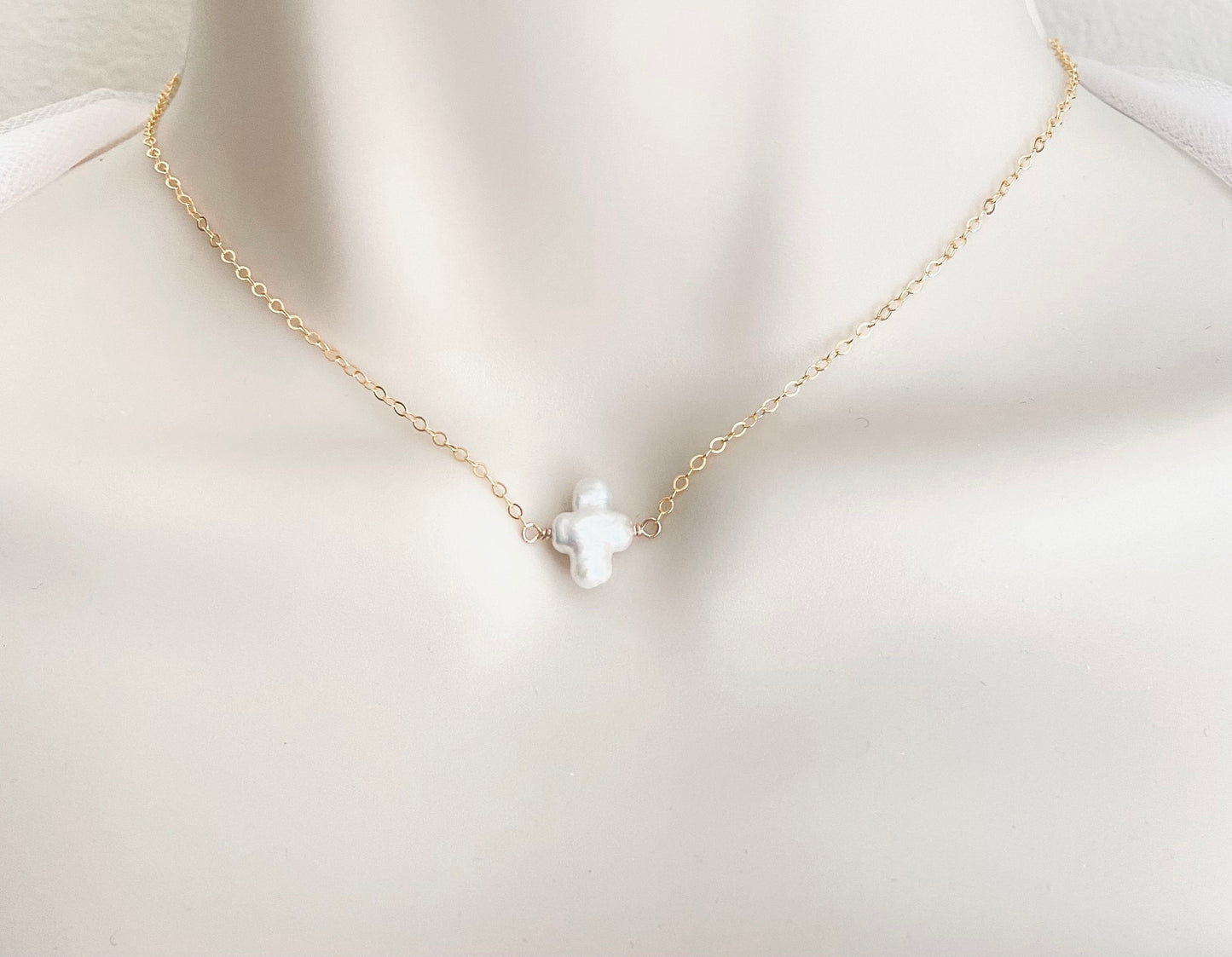 White Freshwater Pearl Cross Necklace in Sterling Silver or Gold Filled • Christian Pearl Jewelry Gift