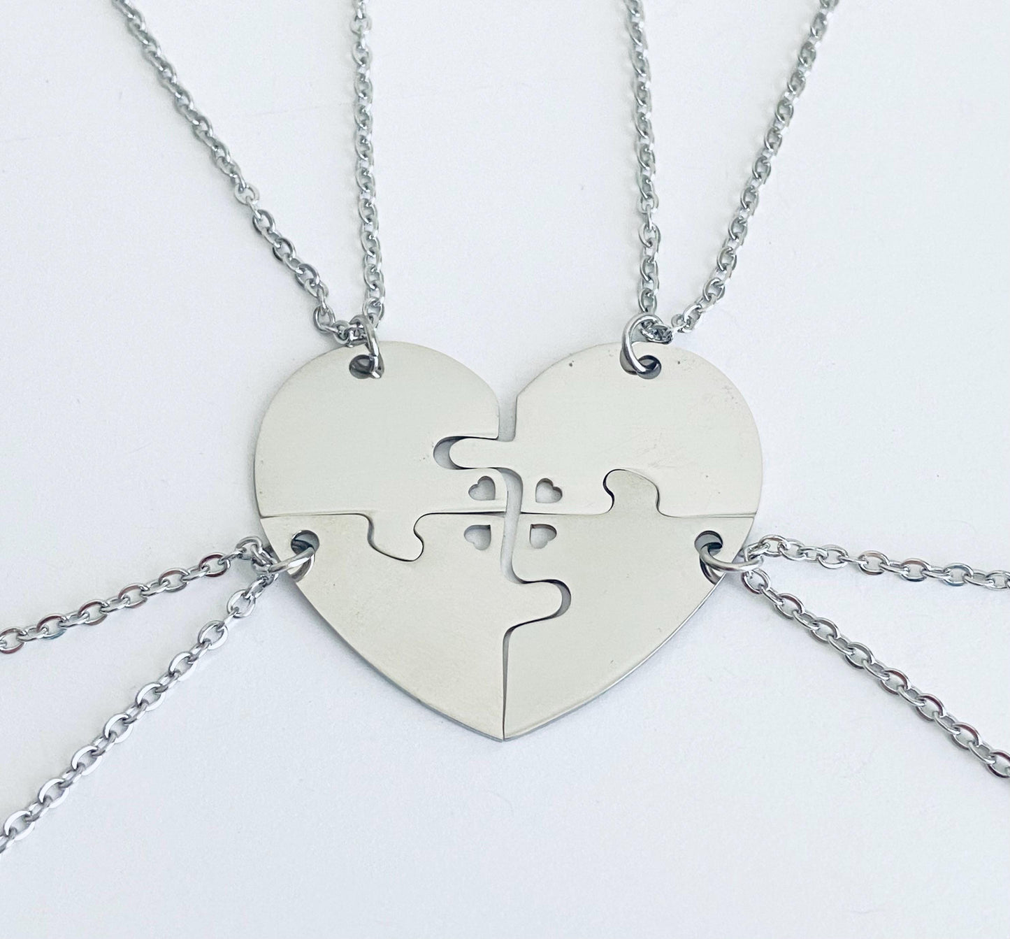 Personalized Stainless Steel 4-Piece Puzzle Necklace Set with Tiny Heart Cutout • Custom Engraved Matching Necklaces