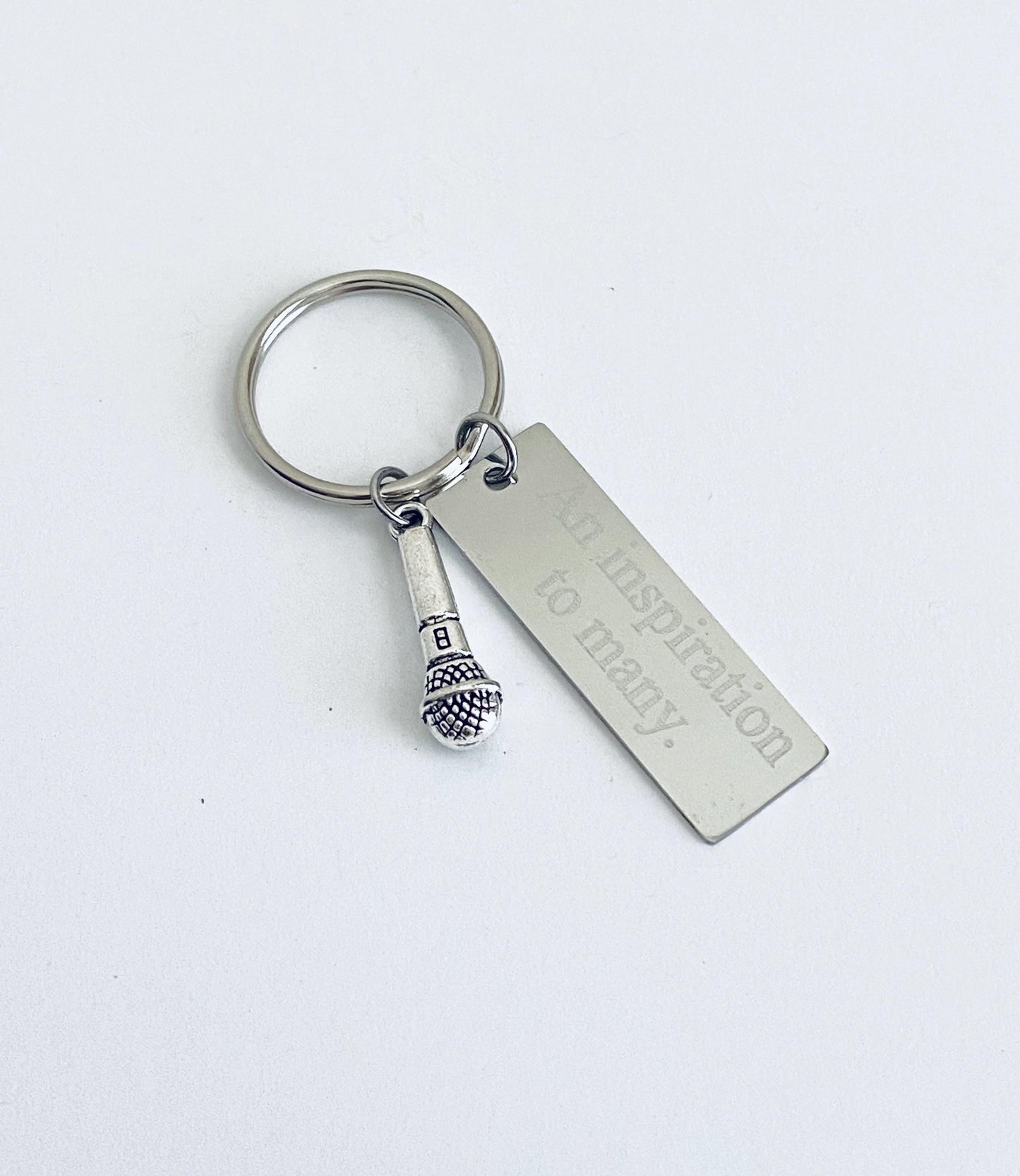 Personalized Key Chain with Microphone Charm • Custom Engraved Stainless Steel Keychain