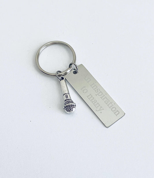 Personalized Key Chain with Microphone Charm • Custom Engraved Stainless Steel Keychain