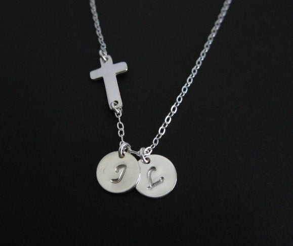 Personalized Cross Necklace with Hand Stamped Initial Charm • Custom Faith Necklace
