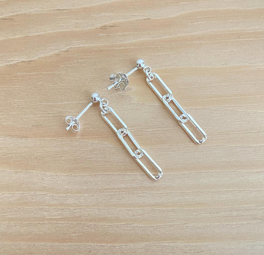 Sterling Silver Paperclip Dangle Earrings • Minimalist Earrings with Plain Link or Freshwater Pearl