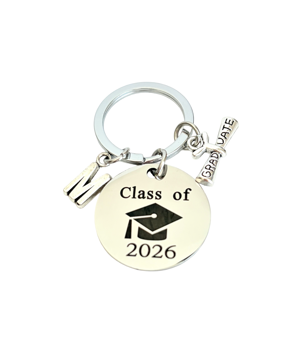 Keychain with 'Class of 2026' and graduation cap design on a white background