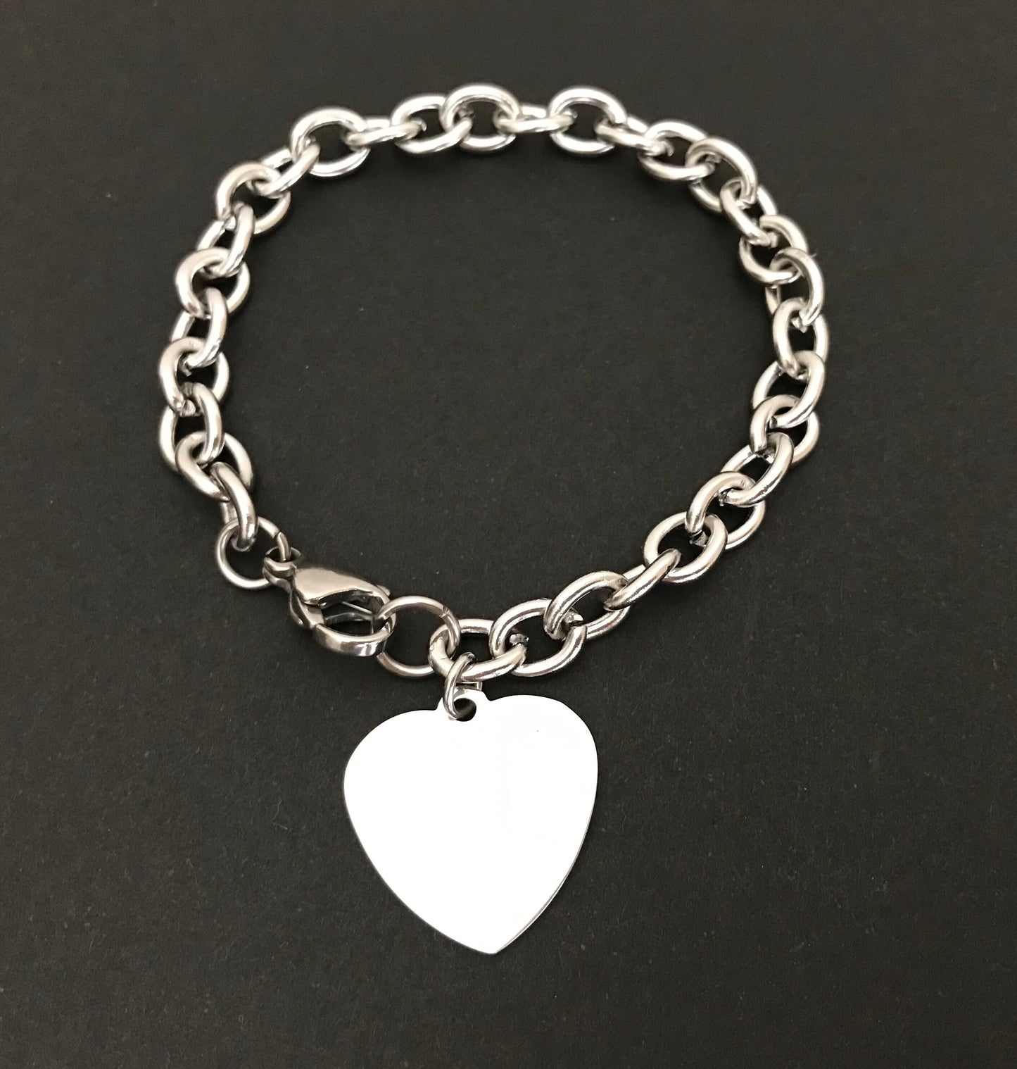 Stainless Steel Chain Bracelet with Personalized Heart Charm • Custom Engraved Bracelet
