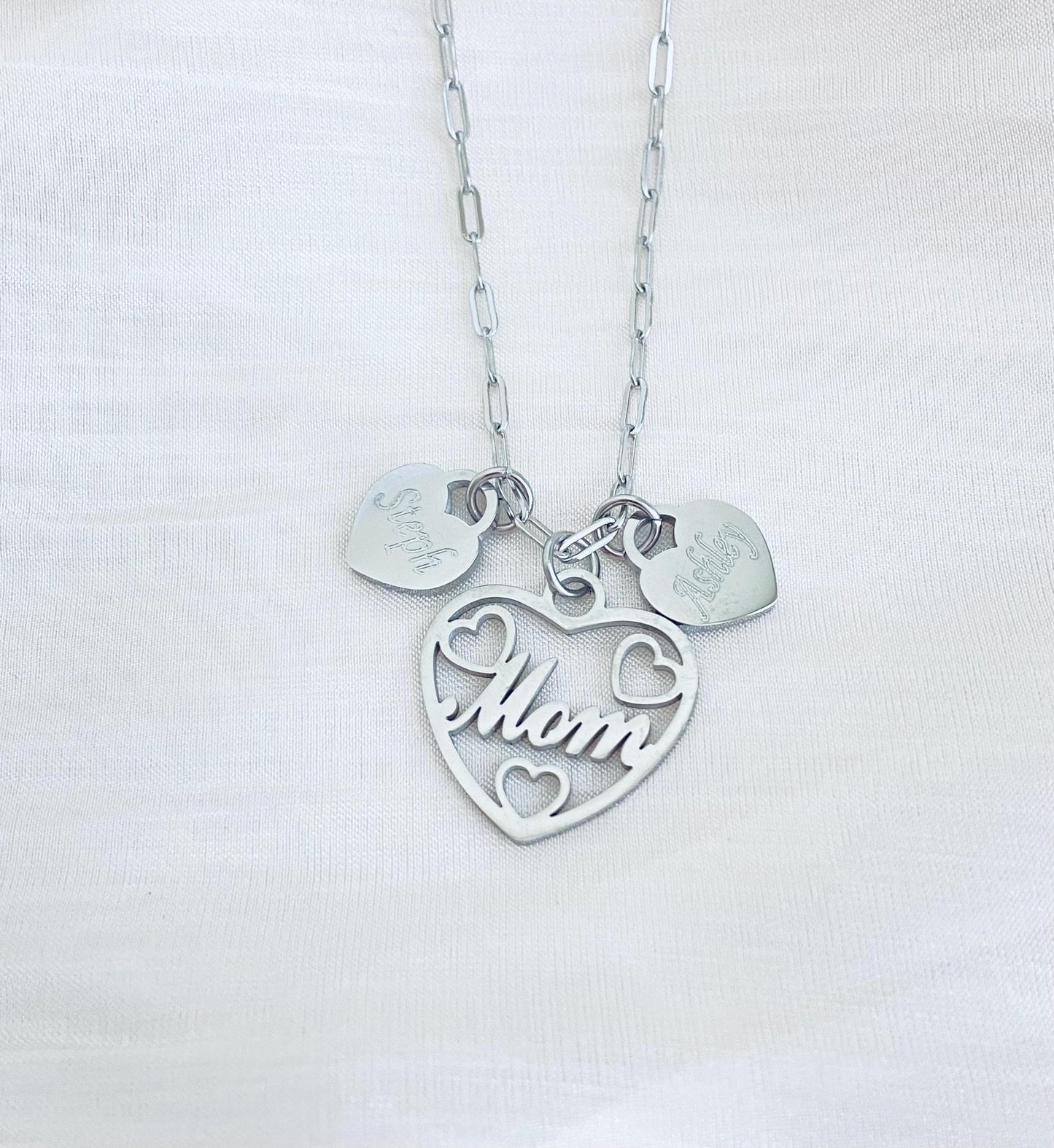 Mom Necklace with Personalized Heart Charms • Custom Family Necklace in Stainless Steel or Gold
