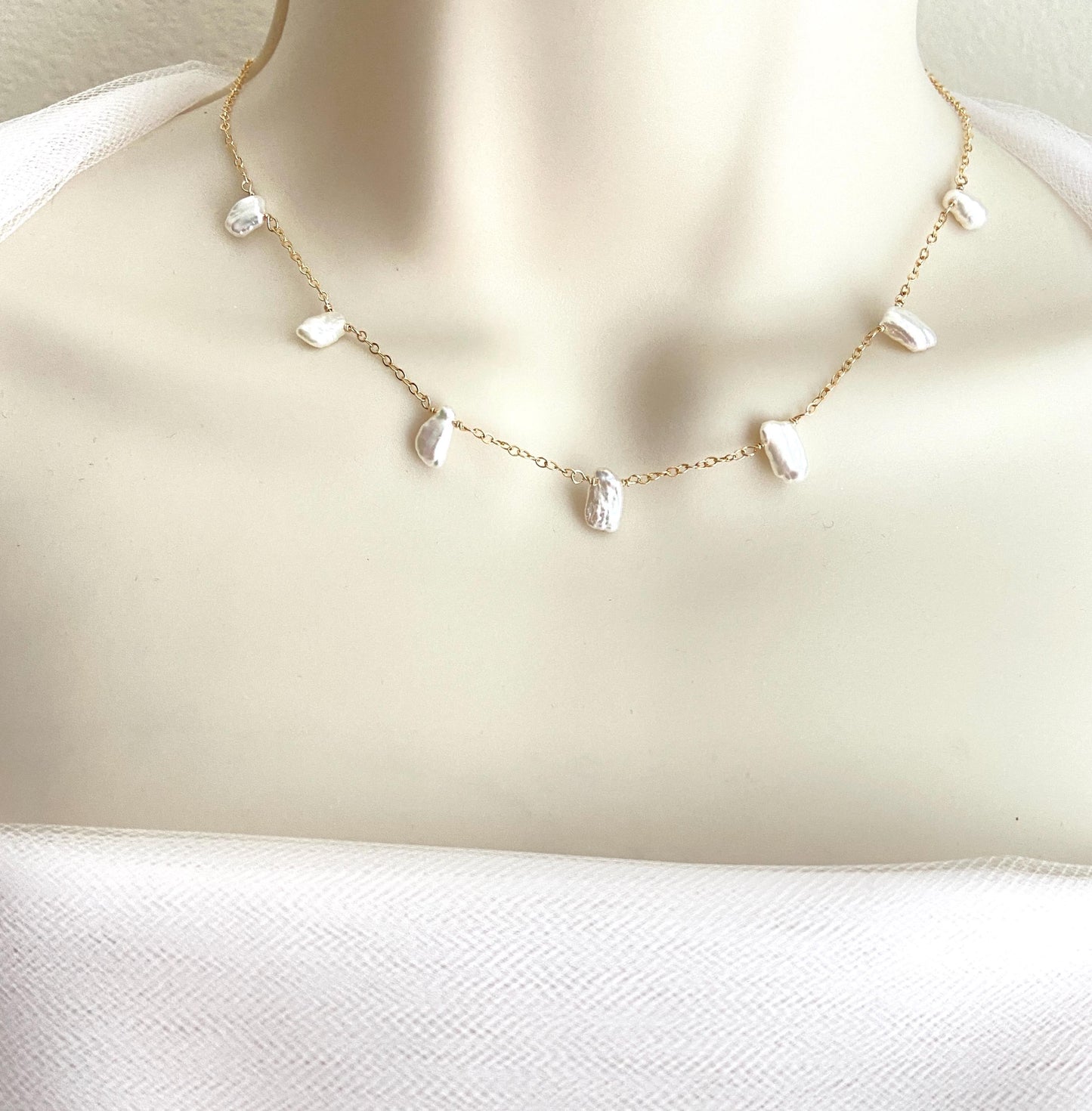 Delicate White Freshwater Keshi Pearl Necklace • Sterling Silver, Gold Filled or Rose Gold