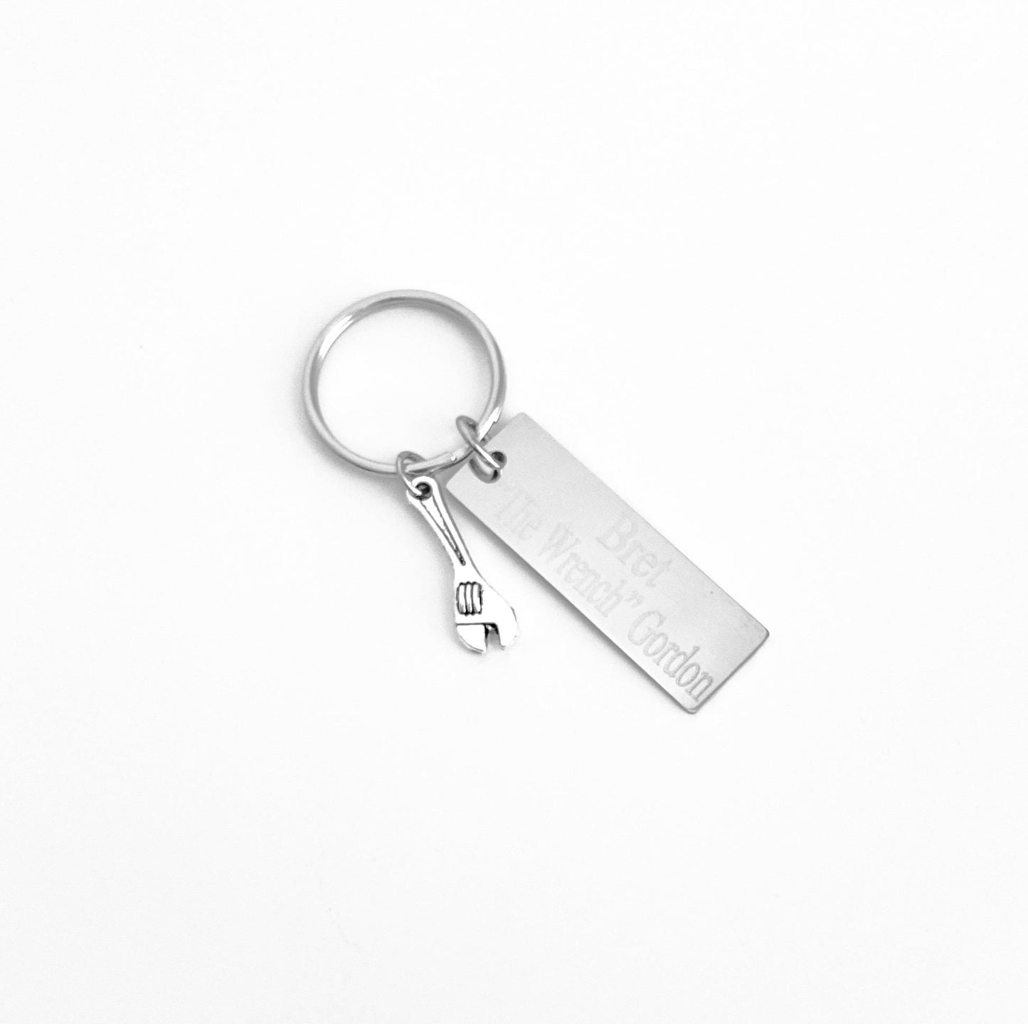 Personalized Key Chain with Wrench Charm • Custom Engraved Stainless Steel Tag Keychain