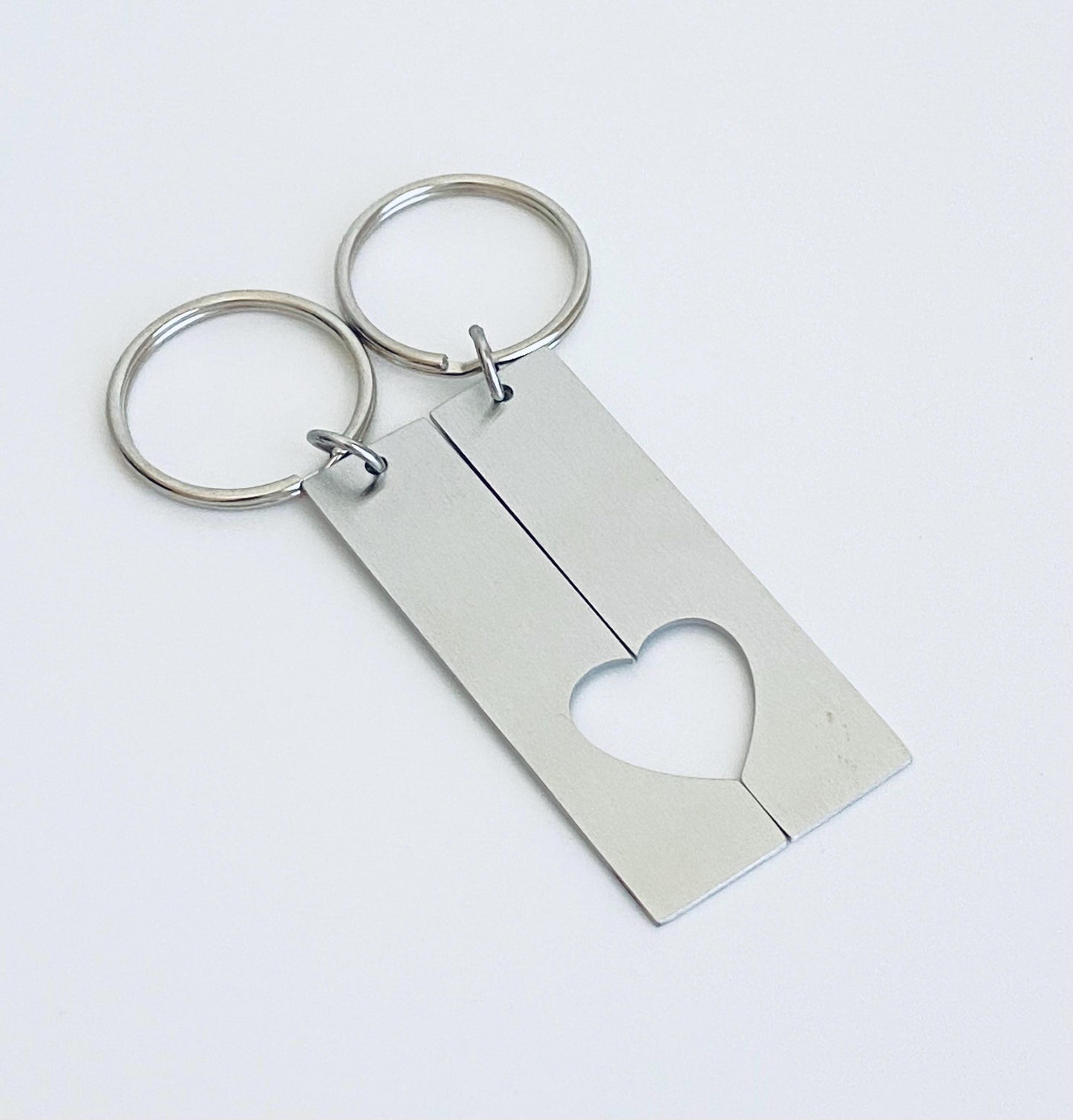 Personalized Stainless Steel Long Bar Key Chain Set with Heart Cutout • Custom Engraved Love Keepsake