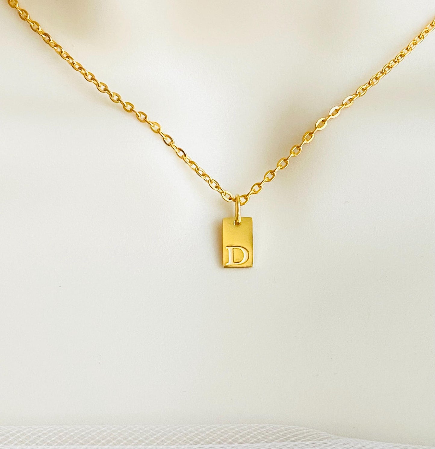 Stainless Steel Mini Initial Tag Necklace • Personalized Letter Necklace in Stainless Steel or Gold