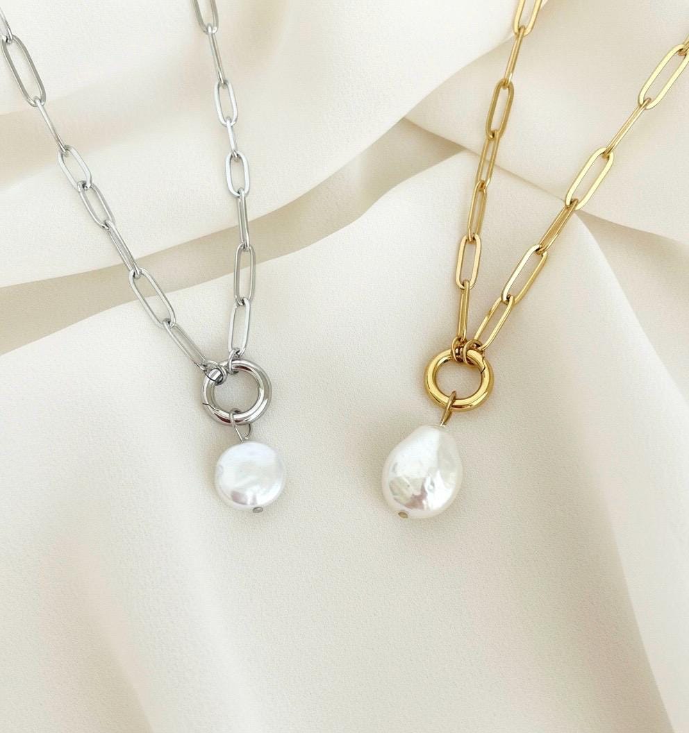 Large Paperclip Chain Necklace with White Freshwater Teardrop Pearl Pendant – Stainless Steel or Gold