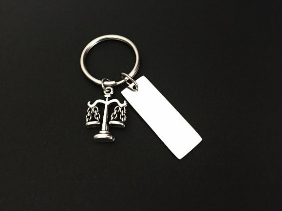 Personalized Stainless Steel Tag with Scale Charm • Custom Engraved Justice Keychain