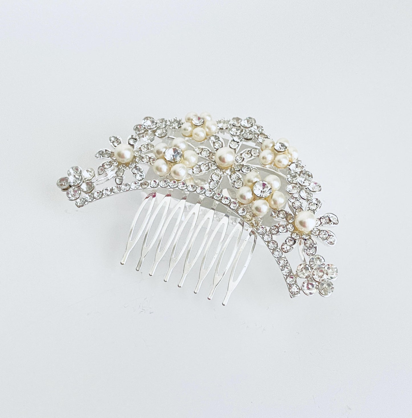 Rhinestone and White Glass Pearl Hair Comb • Elegant Wedding Hair Comb for Bridal Veil