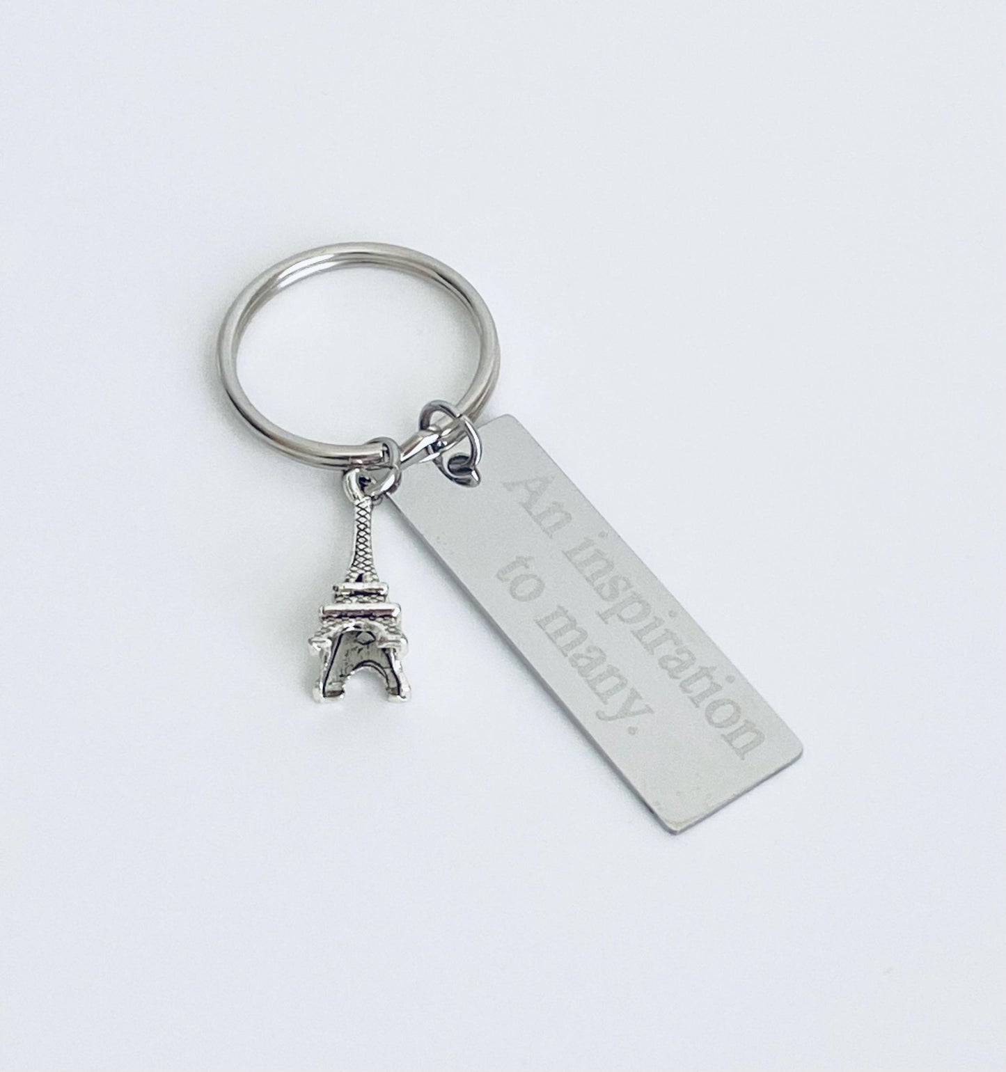 Personalized Eiffel Tower Key Chain with Stainless Steel Tag • Custom Engraved Paris Keychain Gift