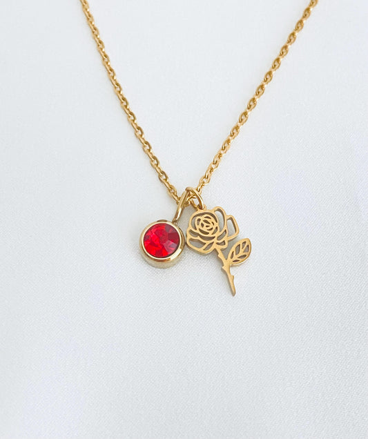 Personalized Birthstone & Birth Flower Pendant Necklace • Custom Necklace in Stainless Steel or Gold