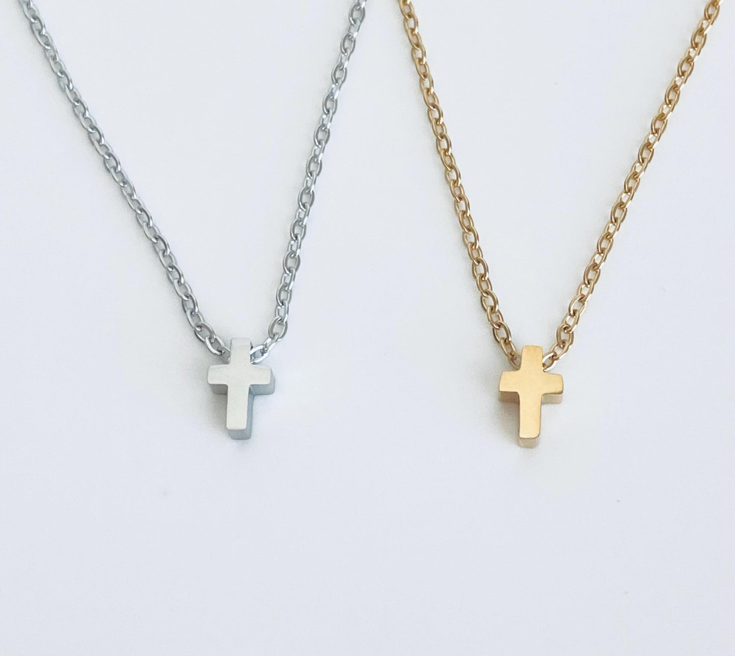 Stainless Steel Tiny Cross Charm Necklace • Minimalist Religious Necklace in Silver or Gold