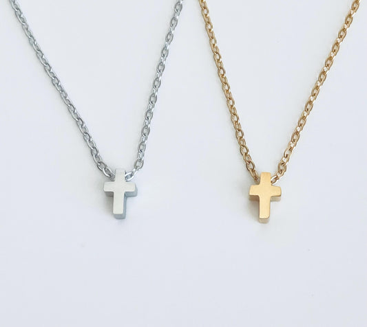 Stainless Steel Tiny Cross Charm Necklace • Minimalist Religious Necklace in Silver or Gold