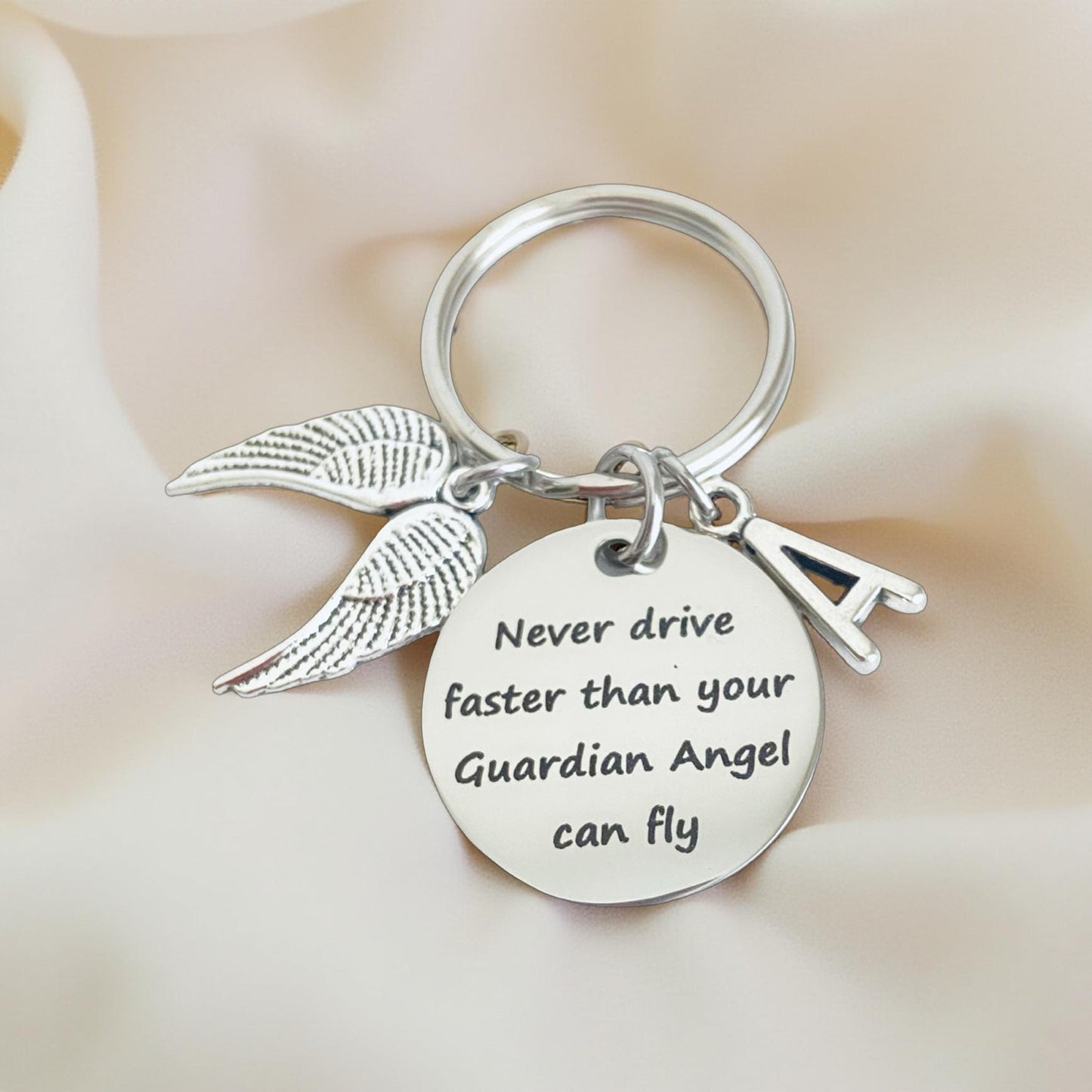 Personalized Drive Safe Keychain • Never Drive Faster Than Your Guardian Angel Can Fly Key Chain with Initial