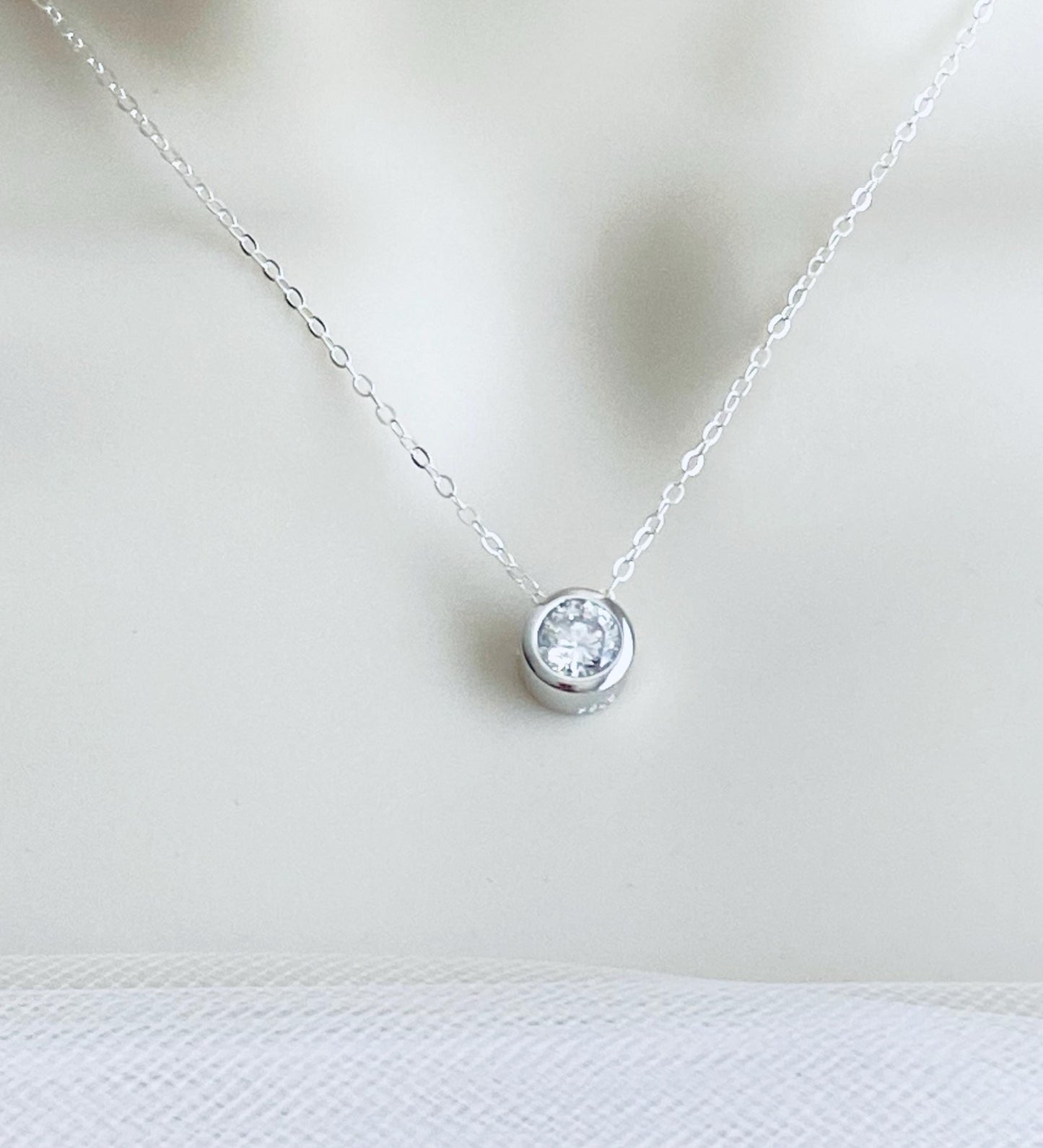Sterling Silver Sparkle Floating Solitaire Pendant Necklace • Cubic Zirconia Pendant Necklace