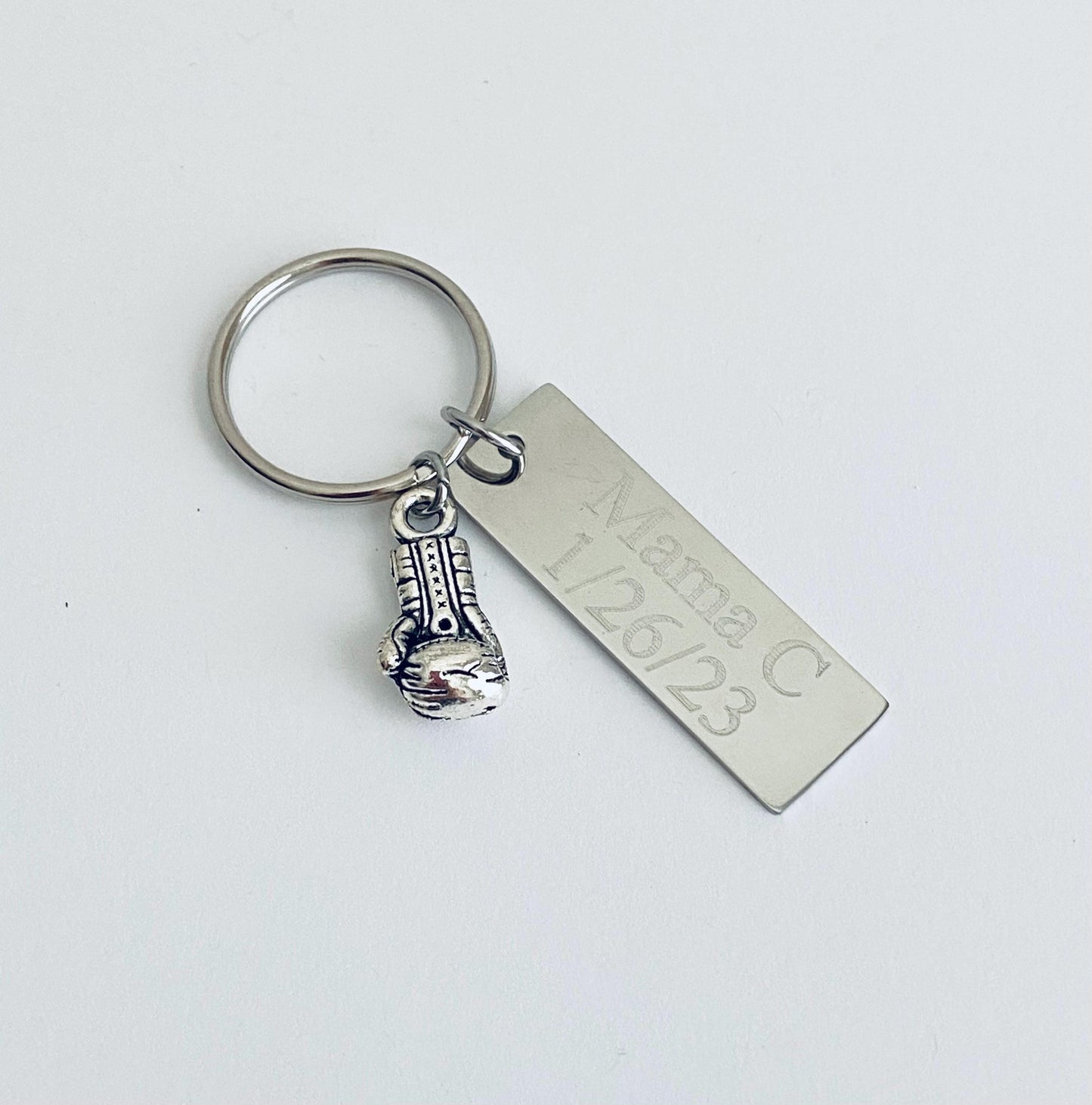 Personalized Key Chain with Boxing Glove Charm • Custom Engraved Stainless Steel Keychain