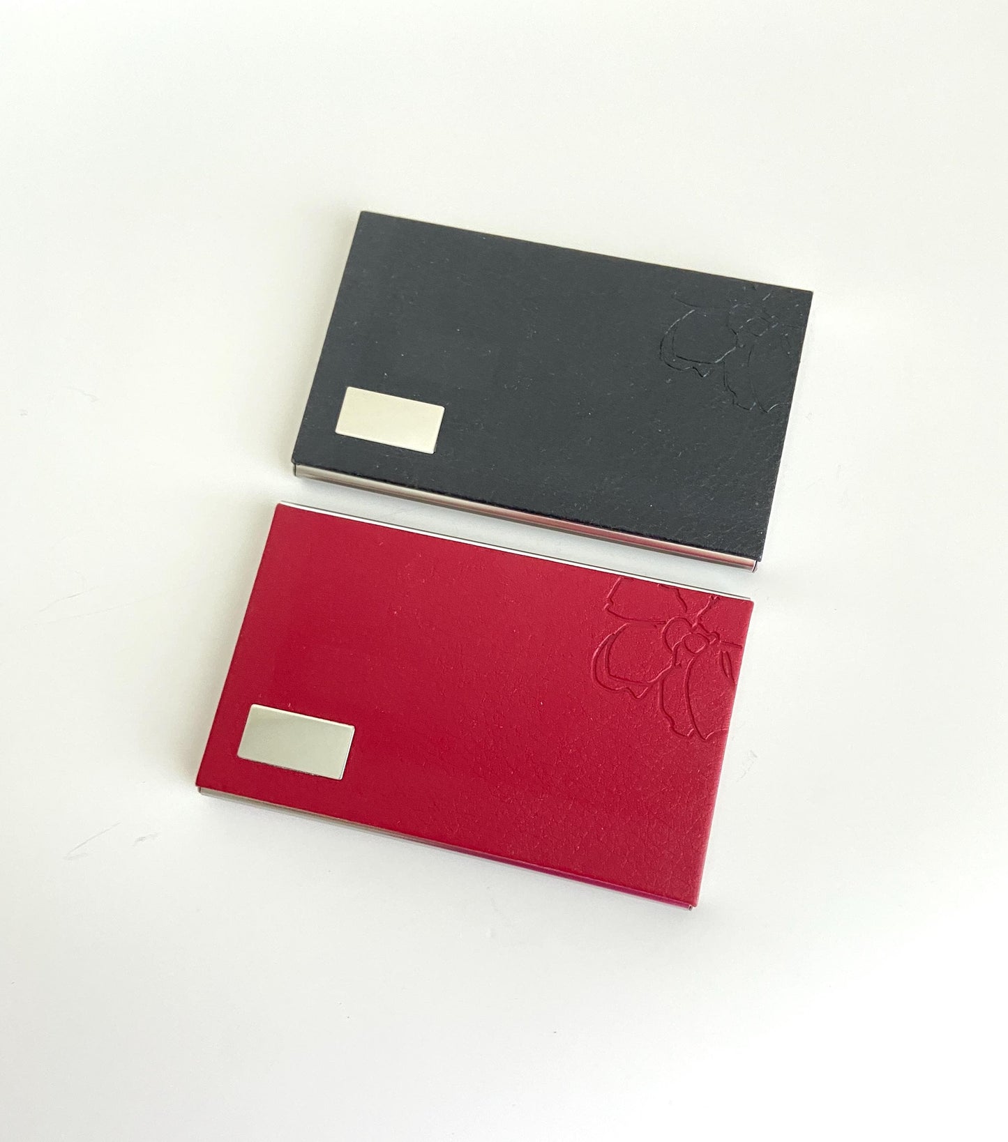 Personalized Faux Leather Business Card Holder with Floral Print • Custom Engraved Leatherette Card Case for Women