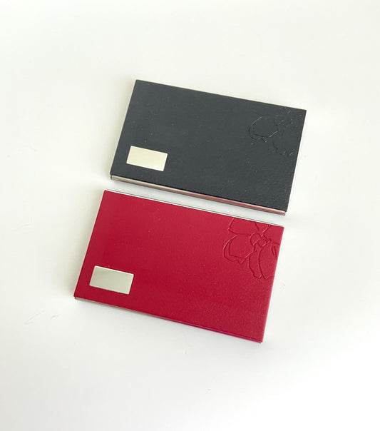 Personalized Faux Leather Business Card Holder with Floral Print • Custom Engraved Leatherette Card Case for Women